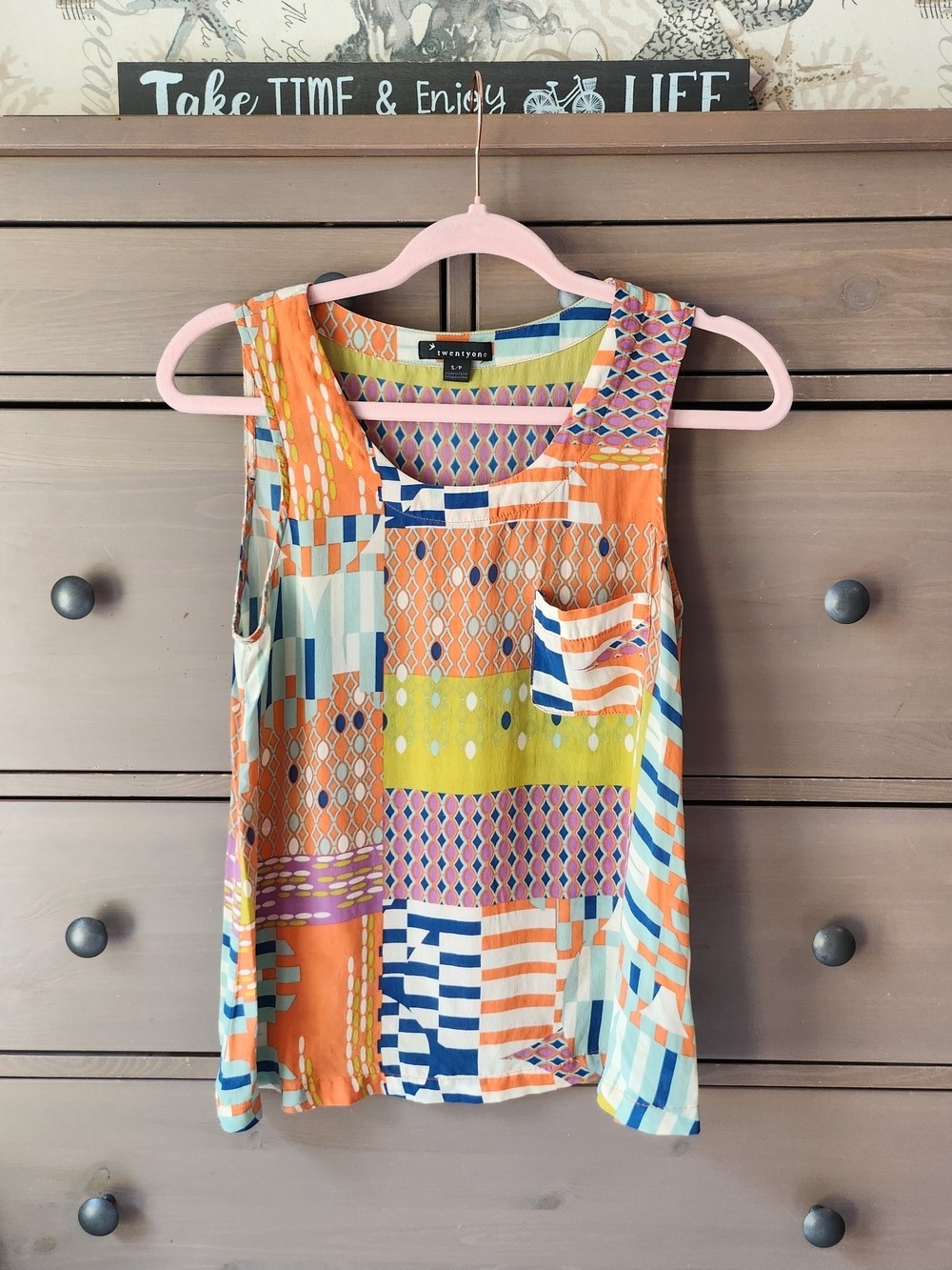 Twentyone 100% Silk  Multicolor Geometric Print Sleeveless Top - Orange